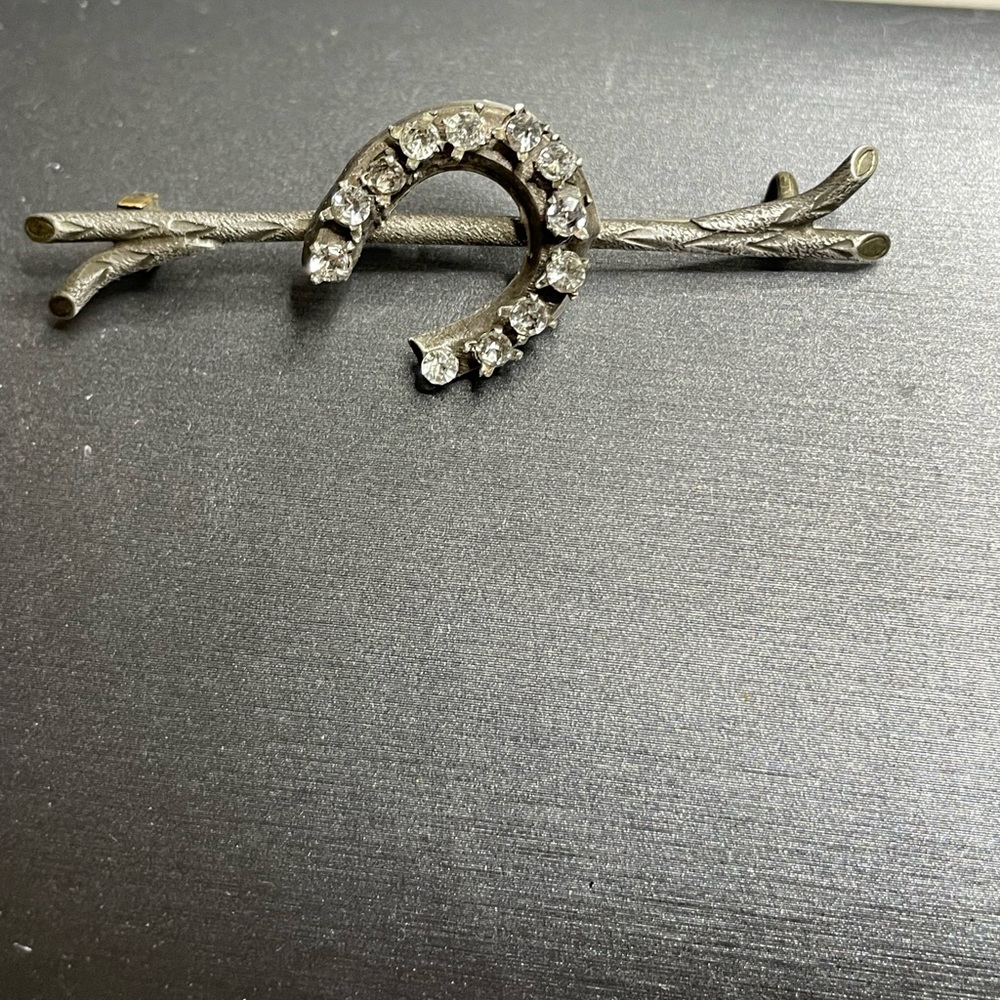 Silver Branch Lucky Horseshoe Antique Brooch White Rhinestones 800 Silver - Picture 2 of 12